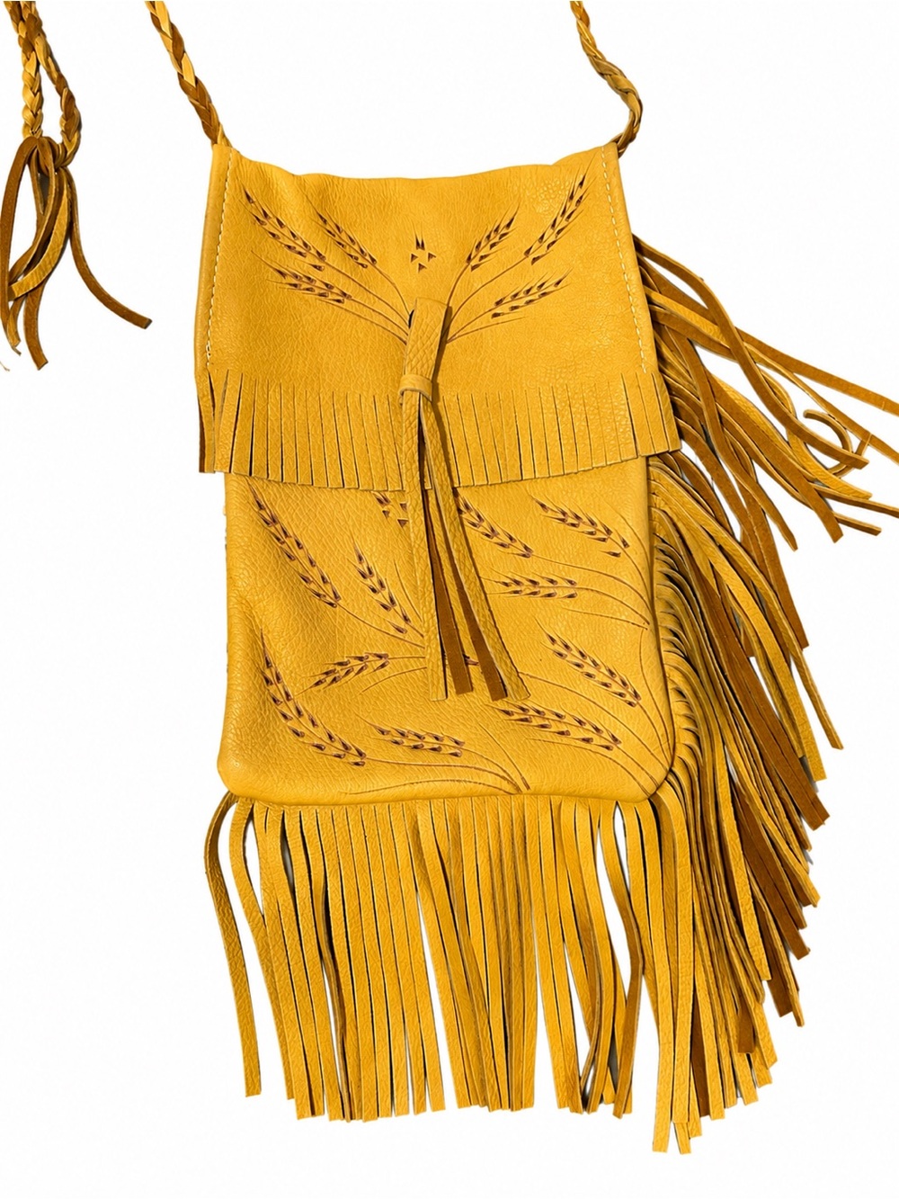 Manitobah Mukluks Crossbody Bag Leather Yellow Deerskin Fringe Wheat Emboss